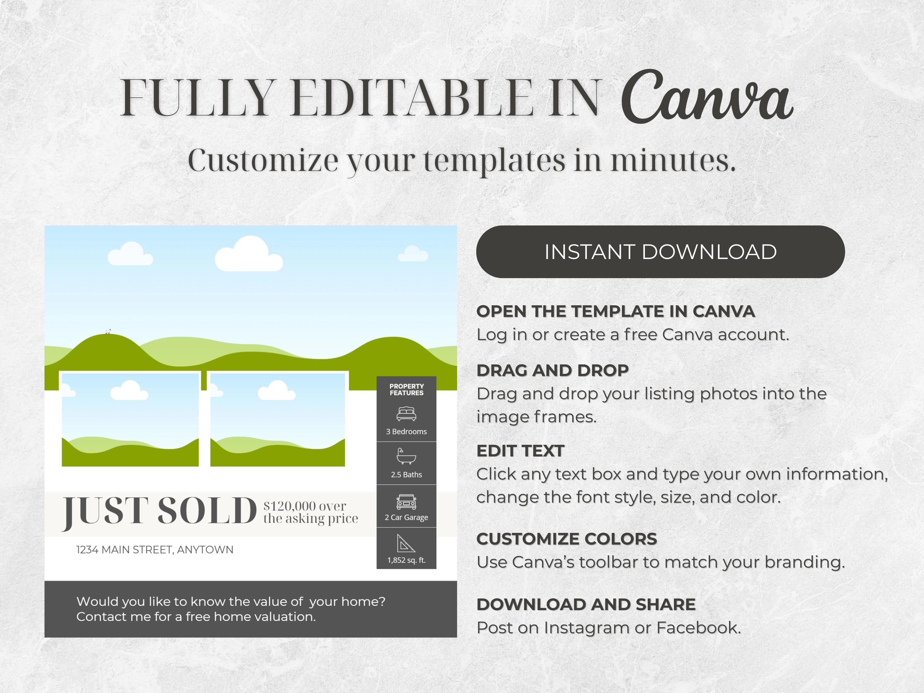 Just Sold Social Media Templates, Canva Editable Realtor Instagram ...