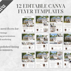 May include: A set of 12 editable Canva flyer templates. The flyers are designed for real estate agents and feature house images, text that says "Just Listed", and other listing details. The text on the image says "Agents need flyers for: New listings, Listing presentations, Email marketing."