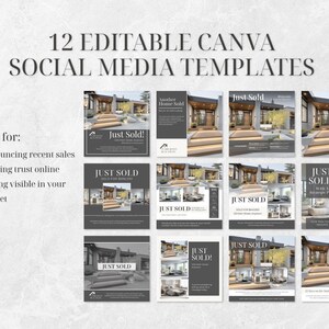 Op de afbeelding: Een verzameling van 12 bewerkbare Canva social media templates. Elke template toont een moderne buitenkant van een huis met de tekst "Just Sold!" in een donkergrijs en wit kleurenschema. De templates zijn ontworpen voor vastgoedmarketing.