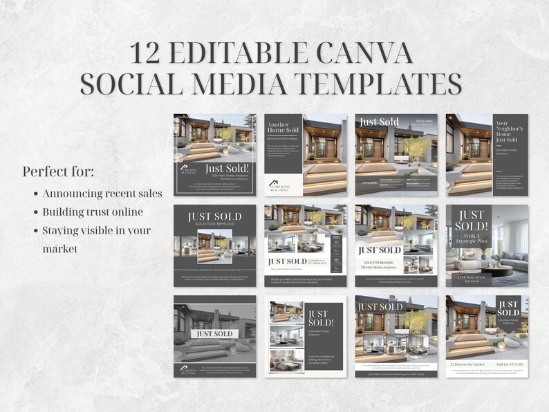 Op de afbeelding: Een verzameling van 12 bewerkbare Canva social media templates. Elke template toont een moderne buitenkant van een huis met de tekst "Just Sold!" in een donkergrijs en wit kleurenschema. De templates zijn ontworpen voor vastgoedmarketing.