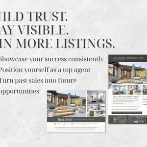 Op de afbeelding: Afbeelding met tekst: "BUILD TRUST. STAY VISIBLE. WIN MORE LISTINGS." en opsommingstekens. Er worden twee vastgoedflyers getoond, &eacute;&eacute;n met "Just Sold" en de andere "Local Market Update: Just Sold."