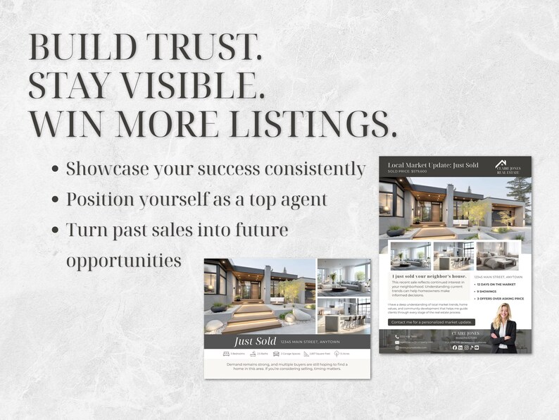 Op de afbeelding: Afbeelding met tekst: "BUILD TRUST. STAY VISIBLE. WIN MORE LISTINGS." en opsommingstekens. Er worden twee vastgoedflyers getoond, &eacute;&eacute;n met "Just Sold" en de andere "Local Market Update: Just Sold."