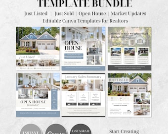 48 Realtor Social Media Canva Templates | Just Listed, Just Sold, Open House, Market Update | Real Estate Instagram Facebook Bundle