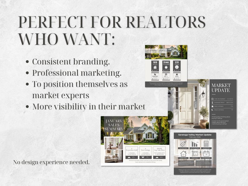 May include: Image featuring marketing materials for realtors. Text includes "PERFECT FOR REALTORS WHO WANT: Consistent branding, Professional marketing, To position themselves as market experts, More visibility in their market." Additional text: "No design experience needed."