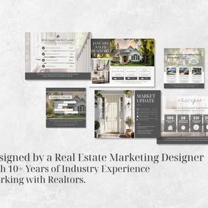 May include: A collection of real estate marketing materials, including infographics and summaries. The designs feature images of houses and include text such as "Market Update" and "January Sales Summary." The bottom of the image reads "Designed by a Real Estate Marketing Designer with 10+ Years of Industry Experience Working with Realtors."