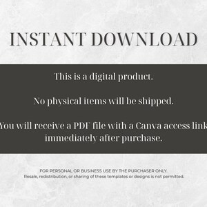 May include: A digital product announcement with the words "INSTANT DOWNLOAD" at the top. A dark grey rectangle contains text stating it's a digital product, no physical items are shipped, and a PDF file with a Canva link is provided.