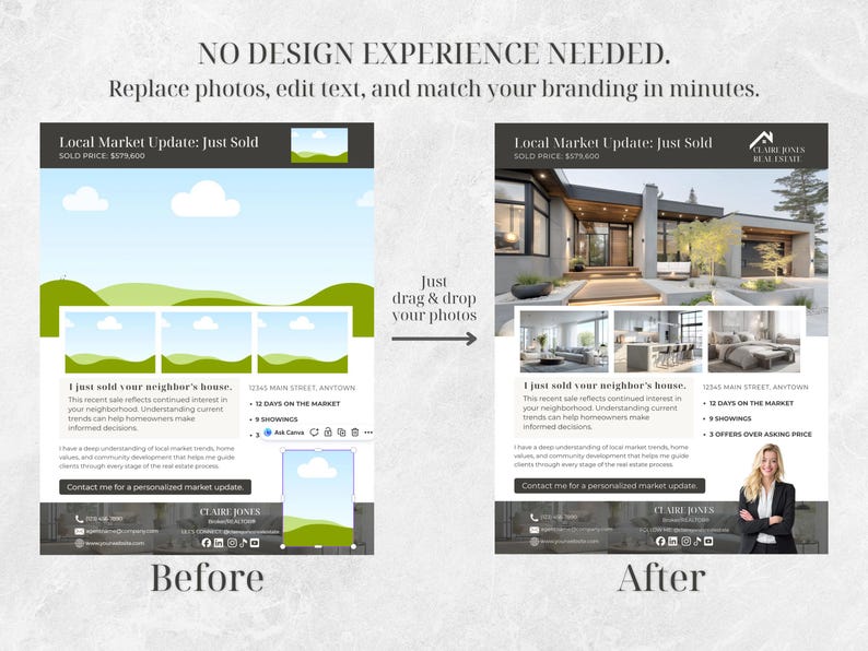Op de afbeelding: Een grafiek voor vastgoedmarketing die een sjabloon voor en na aanpassing laat zien. De "voor"-versie heeft tijdelijke aanduidingen voor afbeeldingen en tekst. De "na"-versie toont een voltooide flyer met een huisfoto en agentgegevens. Tekst bevat "Local Market Update: Just Sold."