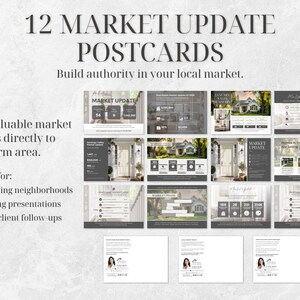 May include: A set of 12 market update postcards with a gray and white design. The postcards feature text that reads "12 Market Update Postcards" and "Build authority in your local market." The postcards are perfect for farming neighborhoods, listing presentations, and past client follow-ups.