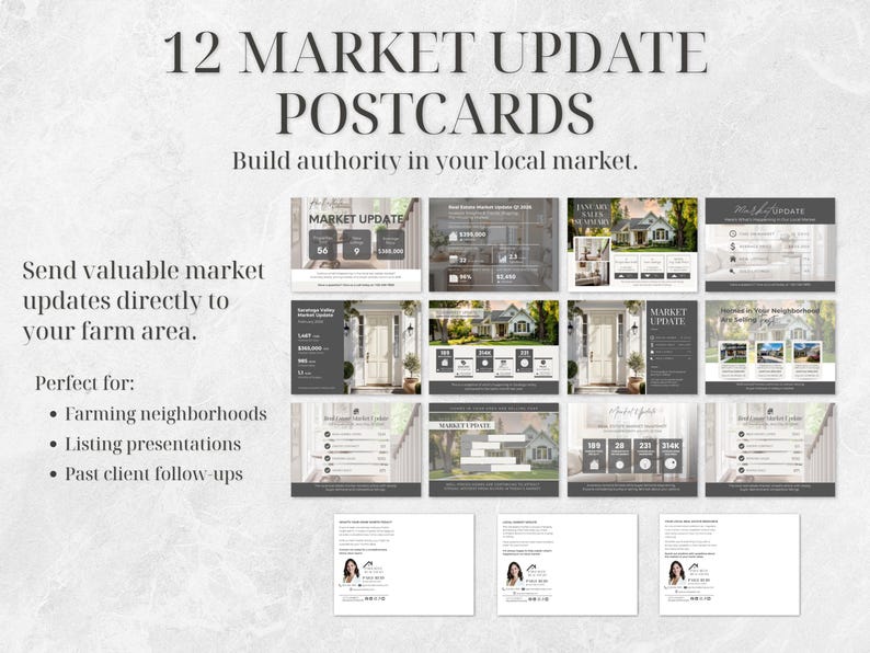 May include: A set of 12 market update postcards with a gray and white design. The postcards feature text that reads "12 Market Update Postcards" and "Build authority in your local market." The postcards are perfect for farming neighborhoods, listing presentations, and past client follow-ups.