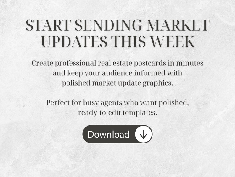 May include: A promotional graphic with the text "START SENDING MARKET UPDATES THIS WEEK." It also includes the text "Create professional real estate postcards in minutes" and a download button.