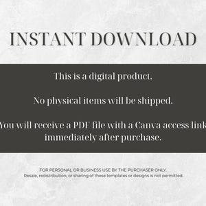 May include: A digital product announcement with the words "INSTANT DOWNLOAD" at the top. A dark gray rectangle contains text stating it's a digital product, no physical items are shipped, and a PDF file with a Canva link is provided.