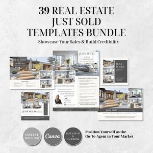Op de afbeelding: Een bundel van 39 "Net Verkocht" vastgoed sjablonen. De sjablonen tonen verkopen en bouwen geloofwaardigheid op. De afbeelding bevat voorbeelden van lay-outs met interieur- en exterieurfoto's van huizen, en tekst zoals "Direct downloaden", "Canva" en "Instagram & Facebook".