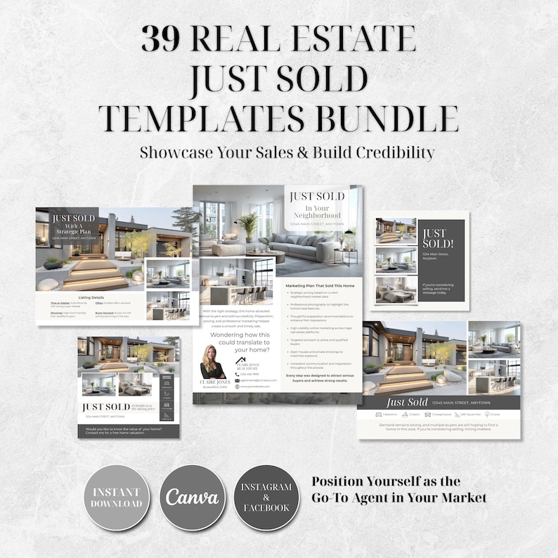 Op de afbeelding: Een bundel van 39 "Net Verkocht" vastgoed sjablonen. De sjablonen tonen verkopen en bouwen geloofwaardigheid op. De afbeelding bevat voorbeelden van lay-outs met interieur- en exterieurfoto's van huizen, en tekst zoals "Direct downloaden", "Canva" en "Instagram & Facebook".