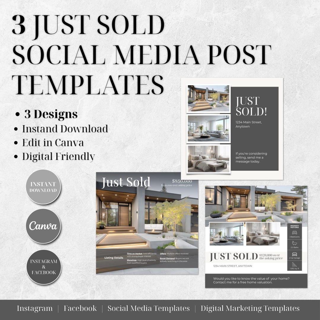 Just Sold Social Media Templates, Canva Editable Realtor Instagram ...