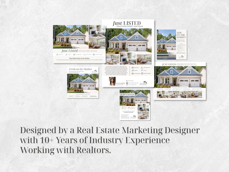 May include: A set of real estate marketing materials, including flyers and postcards, featuring a house with a blue roof and white siding. The text "Just Listed" and "New on the Market" are visible. The design is by a real estate marketing designer.