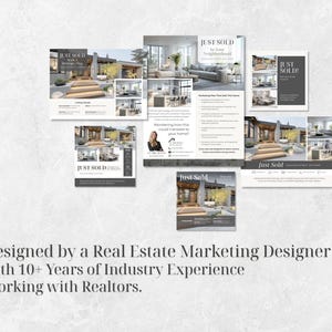 Op de afbeelding: Een verzameling vastgoedmarketingmaterialen, waaronder flyers en brochures, met de tekst "JUST SOLD" in verschillende lay-outs. De ontwerpen tonen interieur- en exterieurafbeeldingen van huizen. De onderkant van de afbeelding bevat tekst over een vastgoedmarketingontwerper.