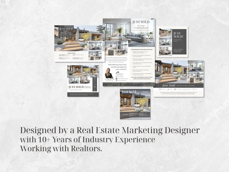 Op de afbeelding: Een verzameling vastgoedmarketingmaterialen, waaronder flyers en brochures, met de tekst "JUST SOLD" in verschillende lay-outs. De ontwerpen tonen interieur- en exterieurafbeeldingen van huizen. De onderkant van de afbeelding bevat tekst over een vastgoedmarketingontwerper.