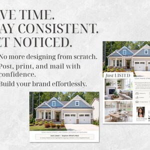 May include: An advertisement with the text "SAVE TIME. STAY CONSISTENT. GET NOTICED." and bullet points. The image includes a house and a real estate flyer with the words "Just Listed."