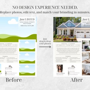 May include: A real estate flyer design, showing a "before and after" transformation. The left side displays a template with photo placeholders, while the right side presents a completed listing with a house image and details. Text includes "Just Listed" and property information.