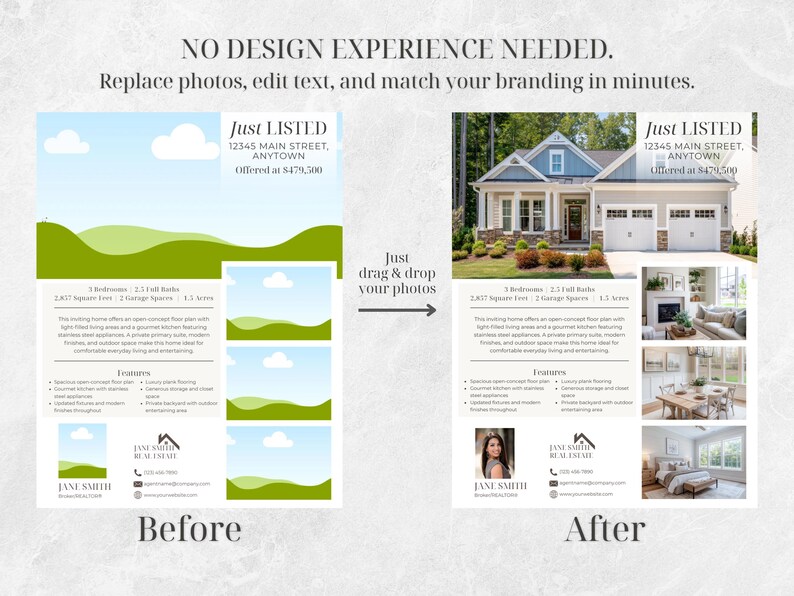 May include: A real estate flyer design, showing a "before and after" transformation. The left side displays a template with photo placeholders, while the right side presents a completed listing with a house image and details. Text includes "Just Listed" and property information.