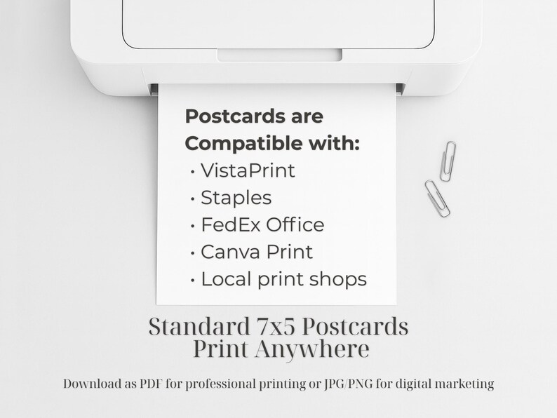 May include: A white printer is shown with a printed sheet of paper. The paper lists compatible printing services: VistaPrint, Staples, FedEx Office, Canva Print, and local print shops. The text reads "Standard 7x5 Postcards Print Anywhere."