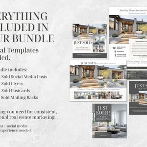 Op de afbeelding: Een verzameling vastgoedmarketing sjablonen, waaronder social media posts, flyers, ansichtkaarten en mailing backs. De tekst luidt "Alles inbegrepen in uw bundel" en "Net verkocht" met afbeeldingen van huizen.