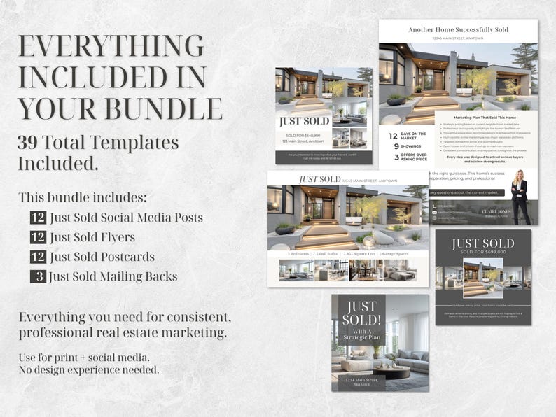 Op de afbeelding: Een verzameling vastgoedmarketing sjablonen, waaronder social media posts, flyers, ansichtkaarten en mailing backs. De tekst luidt "Alles inbegrepen in uw bundel" en "Net verkocht" met afbeeldingen van huizen.