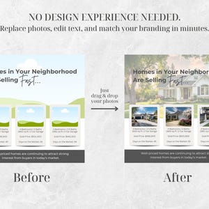 May include: A before-and-after graphic for real estate marketing. The "before" image shows a template with placeholders for photos and text. The "after" image shows the template filled with photos of homes. Text reads "Homes in Your Neighborhood Are Selling Fast..."