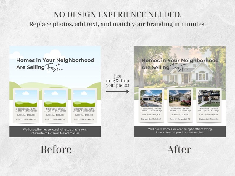 May include: A before-and-after graphic for real estate marketing. The "before" image shows a template with placeholders for photos and text. The "after" image shows the template filled with photos of homes. Text reads "Homes in Your Neighborhood Are Selling Fast..."