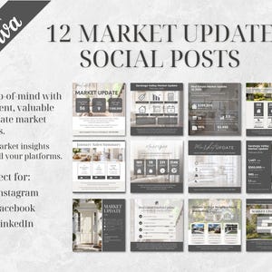 May include: A collection of 12 social media posts for real estate market updates. The posts are in a grayscale color scheme and include text such as "Market Update" and "January Sales Summary." The image also includes the text "Editable in Canva."