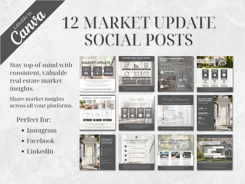 May include: A collection of 12 social media posts for real estate market updates. The posts are in a grayscale color scheme and include text such as "Market Update" and "January Sales Summary." The image also includes the text "Editable in Canva."