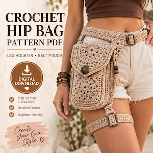 Könnte beinhalten: Ein beiges Häkelmuster für eine Hüfttasche als PDF mit Beinholster und Gürteltaschen-Design. Der Text lautet CROCHET HIP BAG PATTERN PDF, LEG HOLSTER, BELT POUCH, DIGITAL DOWNLOAD, Step-by-Step Instructions, Detailed Photos, Beginner Friendly, Create Your Own Style.