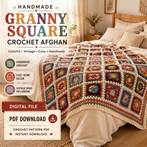 Könnte beinhalten: Eine gehäkelte Afghan-Decke mit einem bunten Granny-Square-Muster und cremefarbenen Rändern. Das Bild enthält den Text: HANDMADE GRANNY SQUARE CROCHET AFGHAN, Colorful, Vintage, Cozy, Handmade, DIGITAL FILE, PDF DOWNLOAD, CROCHET PATTERN PDF.