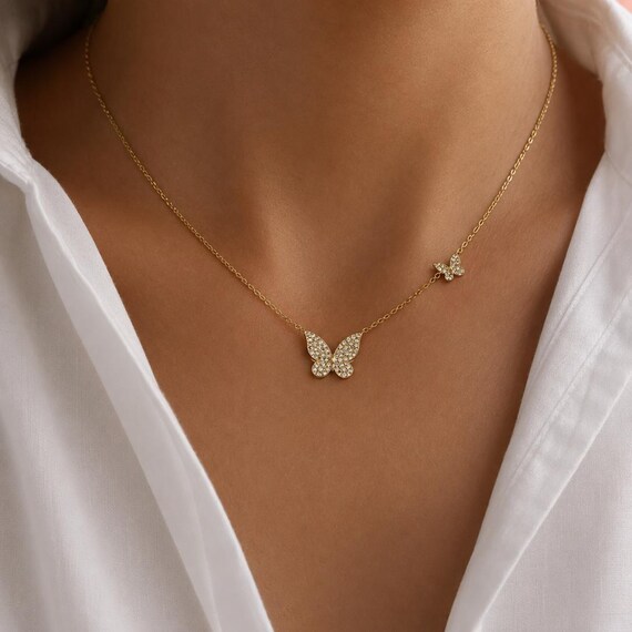 Butterfly Necklace, Dainty Jewelry, Minimalist, Birthday, Gift For Her, Wedding, Chain, 2PC Charm, Cubic Zirconia, Cute, Elegant, Luxury