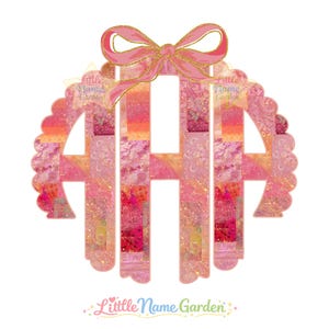 May include: A pink and gold monogram design with a scalloped edge, a bow, and the text "Little Name Garden." The monogram is a combination of pink, orange, and gold glitter. The bow is pink with gold accents.