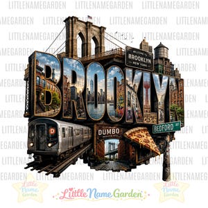 Pode incluir: Uma ilustração gráfica com a palavra BROOKLYN em letras 3D grandes preenchidas com cenas da ponte do Brooklyn, ruas da cidade e um trem do metrô. Inclui uma placa DUMBO, uma fatia de pizza de pepperoni e uma placa verde Bedford Ave.