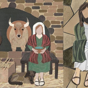 May include: A paper craft illustration of the Nativity scene. The left side shows Mary, Joseph, and a donkey in a stable with hay. The right side shows Mary, Joseph, and baby Jesus. The scene is made with brown, green, and white paper.
