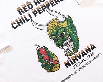 Camiseta San Francisco Live, camiseta de culto de los 90, póster de grunge rock, Red Hot Chili Peppers, Nirvana, Pearl Jam, Devil Pepper, rojo, verde, EE. UU., California