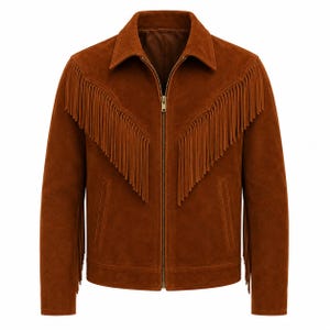 Puede incluir: Una chaqueta de ante marrón con cuello en punta, cierre central de cremallera metálica y largos flecos en el pecho y a lo largo de las mangas. La chaqueta cuenta con dos bolsillos verticales de hendidura en la cintura.