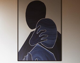 Abstract Hug Figures Poster | Minimalist Couple Wall Art | Moody Blue Silhouette Artwork | Contemporary Home Decor | Unique Anniversary Gift