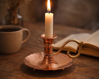 Candelabro de cobre hecho a mano, candelabro martillado, candelabro vintage con asa, decoración rústica para el hogar, regalo para ella, decoración bohemia
