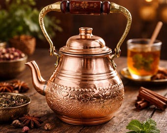 Antique English Georgian Country House Kitchen Hand Forged Copper 6 Imperial Pint Tea Kettle, Pot