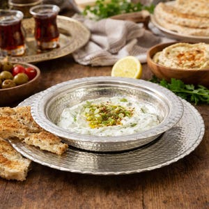May include: A silver hammered bowl of creamy dip, garnished with green herbs and oil, on a matching plate. Toasted bread, olives, and tea glasses are also visible, suggesting a Mediterranean meal.