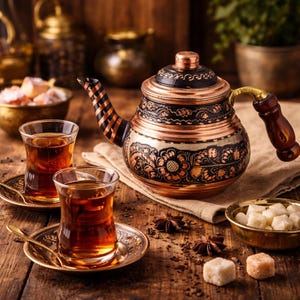 May include: A copper and black tea kettle with intricate floral designs, a wooden handle, and a matching lid. Two clear glasses of tea sit on gold saucers, alongside a small bowl of sugar cubes and star anise on a wooden table.