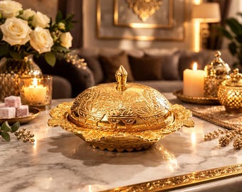 Gold Decorative Sugar Bowl with Lid, Ottoman Style Candy Dish, Zamak Nut Bowl, Turkish Coffee Sugar Container, Vintage Style Kitchen Decor