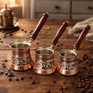 Op de afbeelding: Drie koperen koffiepotten met bloemmotieven en houten handvatten staan op een houten oppervlak. De potten hebben glanzende interieurs en zijn omgeven door koffiebonen. Een decoratieve koffiekop staat op de achtergrond.
