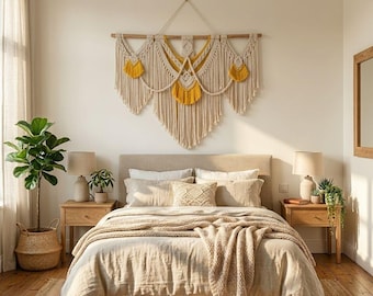 Large Macrame Wall Hanging with Mustard Yellow Accents