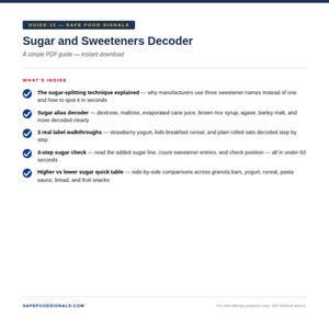Może przedstawiać: Biały przewodnik PDF zatytułowany "Sugar and Sweeteners Decoder" z niebieskimi akcentami. Przewodnik wyjaśnia, jak identyfikować słodziki na etykietach żywności, w tym techniki rozszczepiania cukru i dekodowanie alias&oacute;w cukru.