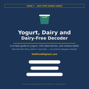 May include: A navy blue graphic with the text "Yogurt, Dairy and Dairy-Free Decoder." The image includes a green bucket icon and the website address SafeFoodSignals.com. The text states it is a guide to yogurt, milk alternatives, and cheese labels.