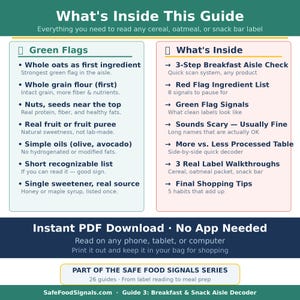 May include: Informational guide titled "What's Inside This Guide" with sections on "Green Flags" and "What's Inside." The guide provides tips for reading cereal, oatmeal, and snack bar labels. Includes a "3-Step Breakfast Aisle Check" and "Red Flag Ingredient List."